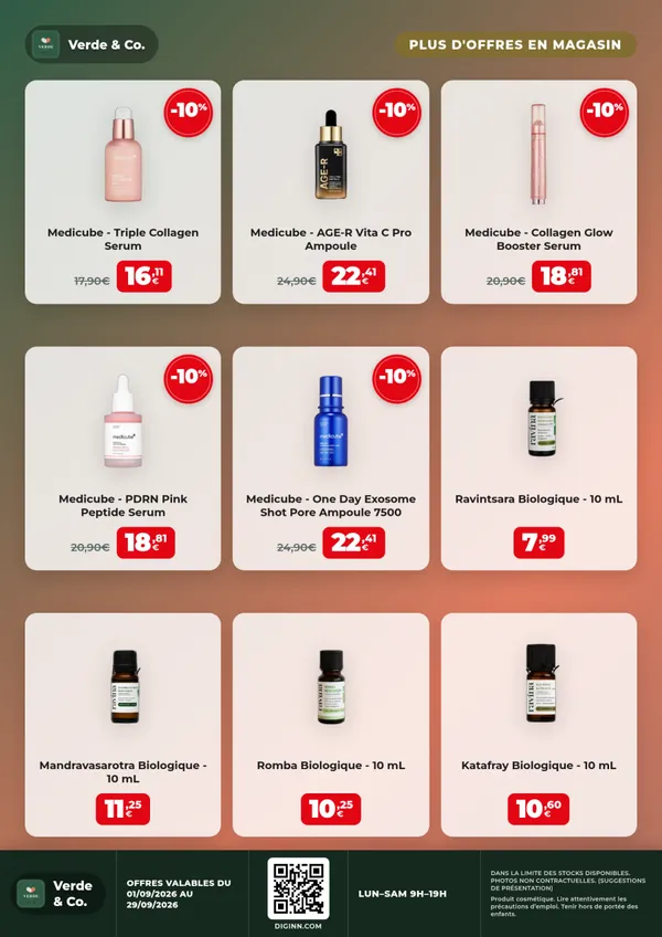 Catalogue A4 généré par Liflio : neuf soins avec leurs prix, remises et QR code