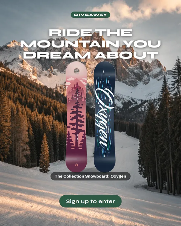 Giveaway visual generated by Liflio: a snowboard standing in the snow
